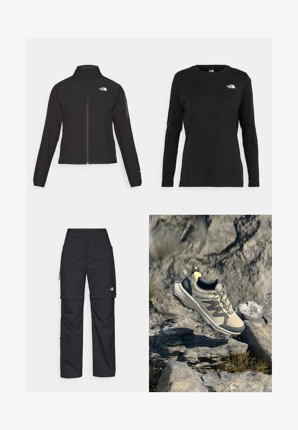 Black zip-up jacket with a high collar, textured fabric, and logo on the left chest. Features long sleeves and a fitted design.; Black long-sleeve t-shirt made of cotton with a round neck. Features a small white logo on the left chest area. Simple design and fit.; Black nylon zip-off cargo trousers with adjustable cuffs, multiple pockets, and a logo on the right leg. Smooth, lightweight texture.; Columbia trail running shoe in light beige and gray. Mesh upper with textured detailing, rubber outsole, and reflective accents. Lightweight design.