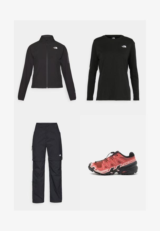 Giacca nera con zip e colletto alto, tessuto testurizzato e logo sul lato sinistro del petto. Presenta maniche lunghe e un design aderente.; T-shirt nera a maniche lunghe in cotone con colletto rotondo. Presenta un piccolo logo bianco sul lato sinistro del petto. Design semplice e vestibilità comoda.; Pantaloni cargo in nylon nero con zip rimovibile, polsini regolabili, molteplici tasche e un logo sulla gamba destra. Tessuto liscio e leggero.; Scarpa da trail running in rosa e nero. Tomaia in rete con sovrapposizioni rinforzate, suola testurizzata, sistema di lacci rapido e marchio sul tallone.