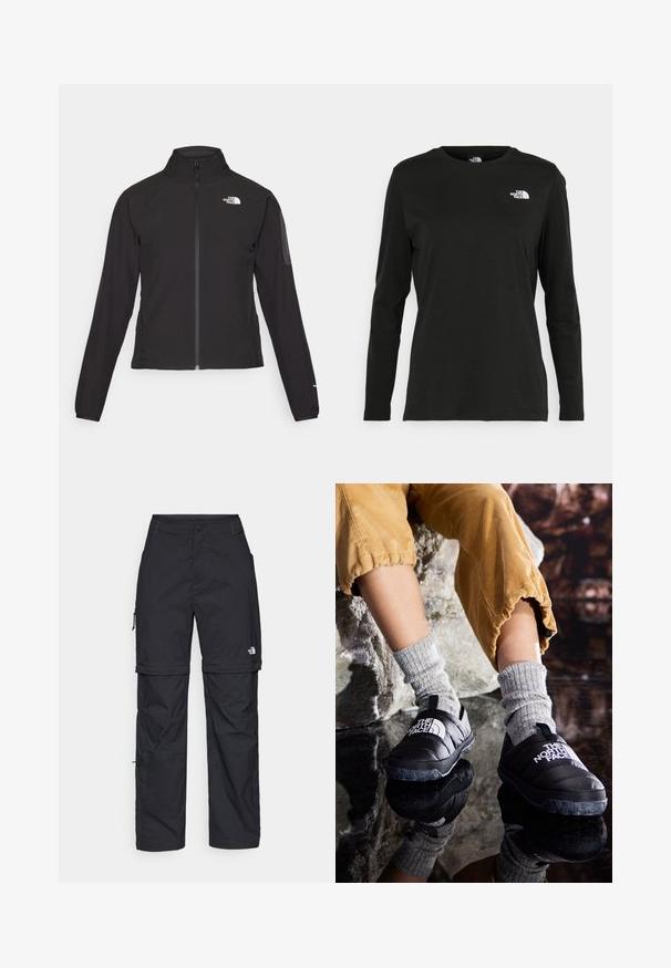 Jachetă neagră cu fermoar și guler înalt, din material texturat, cu logo pe partea stângă a pieptului. Prezintă mâneci lungi și un design ajustat.; Iarna neagră cu mânecă lungă, din bumbac, cu guler rotund. Prezintă un mic logo alb în zona pieptului stâng. Design simplu și croi lejer.; Pantaloni cargo din nylon negru, cu fermoar detașabil, manșete ajustabile, multiple buzunare și un logo pe piciorul drept. Textură netedă și ușoară.; Pantofi slip-on izolați negri, cu talpă texturată și logo alb, purtați împreună cu șosete tricotate gri, asortați cu pantaloni ribbați de culoare muștar.