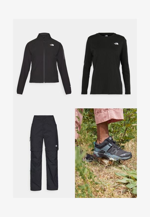 Casaco preto com fecho zip e gola alta, em tecido texturizado, com logo no lado esquerdo do peito. Apresenta mangas longas e um design ajustado.; T-shirt preto de mangas longas, feito de algodão, com decote redondo. Apresenta um pequeno logótipo branco na área esquerda do peito. Design simples e ajuste confortável.; Calças cargo pretas em nylon com fechos de correr removíveis, punhos ajustáveis, múltiplos bolsos e um logótipo na perna direita. Textura suave e leve.; Sapatos de exterior pretos e teal com parte superior em malha, sola de borracha e atacadores. Posicionados sobre a relva com um fundo natural.