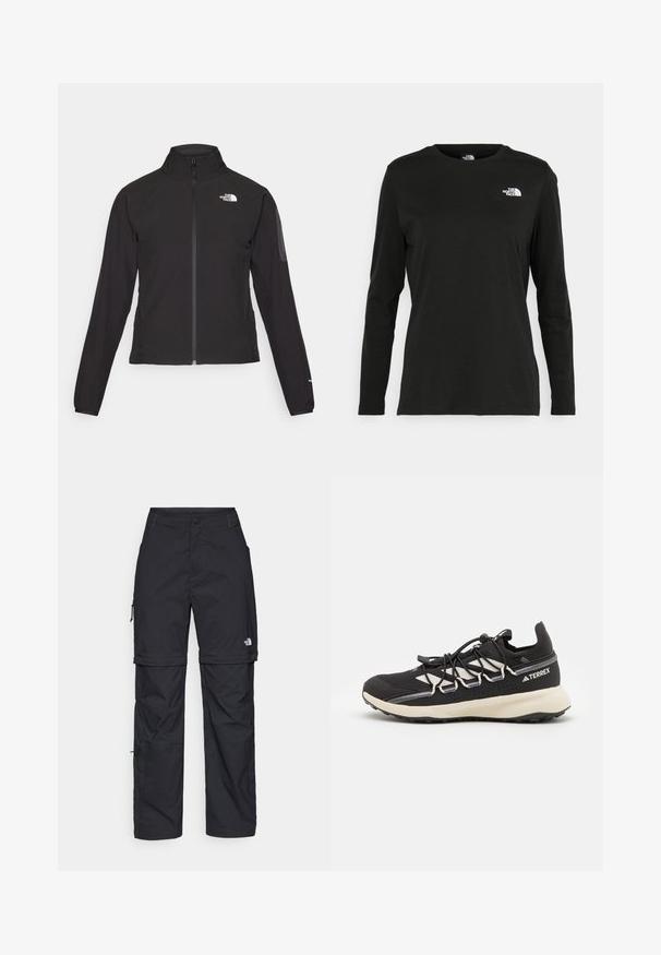 Mustmustabiga must jakk, millel on kõrge krae, tekstureeritud kangas ja logo vasakul rinnal. Omab pikki varrukaid ja sobivat disaini.; Must mustahiheline T-särk, millel on pikad varrukad, valmistatud puuvillast ja ümarast kaelusest. Vasakul rinnal on väike valge logo. Lihtne disain ja sobivus.; Mustad nailonist valmistatud eemaldatavad cargo-püksid, reguleeritavate pahkluudega, mitmete taskutega ja paremal jalal logoga. Sile, kerge tekstuur.; Must mustus kingad tekstureeritud ülaosaga, kontrastsete valgete aktsentidega, vormitud tallaga ja elastsete paeltega. Sarvi peal on trükitud logo.