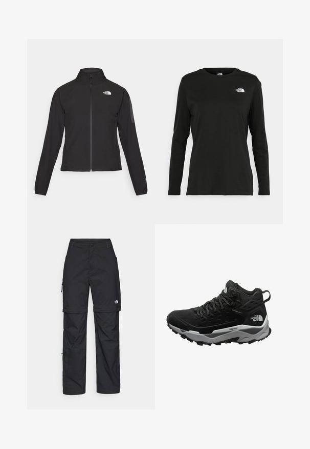Fekete, cipzáros dzseki magas gallérral, texturált anyagból, bal mellen logóval. Hosszú ujjak és testhezálló fazon jellemzi.; Fekete, hosszú ujjú póló pamutból, kerek nyakkal. A bal mellrészen egy kis fehér logó található. Egyszerű dizájn és szabás.; Fekete nylon zipzáras cargo nadrág állítható mandzsettával, több zsebbel és logóval a jobb lábon. Simább, könnyű textúra.; Fekete túrabakancs texturált felsőrésszel, szürke középtalppal és gumitalppal, ami kiemelkedő tapadási mintázattal rendelkezik. Fűzős kialakítás párnázott bokrésszel.