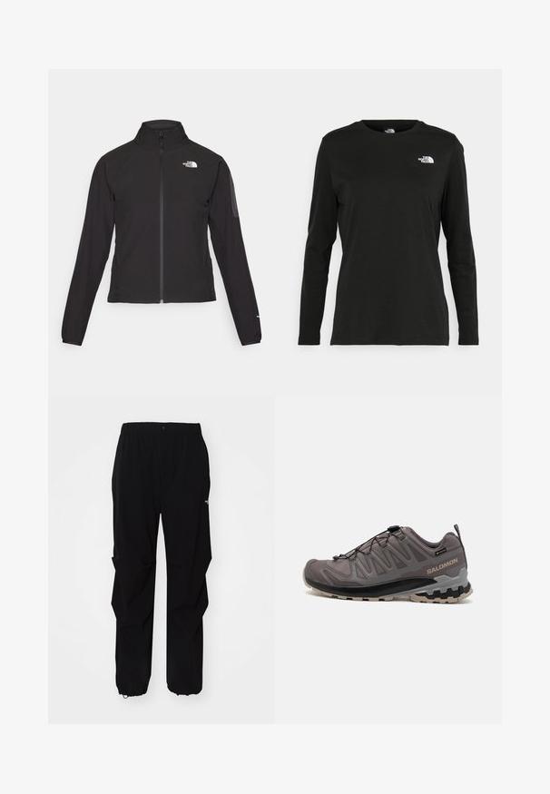 Veste noire zippée avec un col haut, tissu texturé et logo sur la poitrine gauche. Elle possède des manches longues et une coupe ajustée.; T-shirt noir à manches longues en coton avec un col rond. Présente un petit logo blanc sur la partie gauche de la poitrine. Design et coupe simples.; Pantalons d'extérieur noirs en matériau durable, avec une coupe décontractée, une taille élastique et des poignets resserrés pour une longueur ajustable.; Chaussure de plein air grise avec une tige en mesh et en synthétique, un col rembourré et une semelle texturée dotée de profondes rainures pour une meilleure adhérence. Système de laçage ajustable.