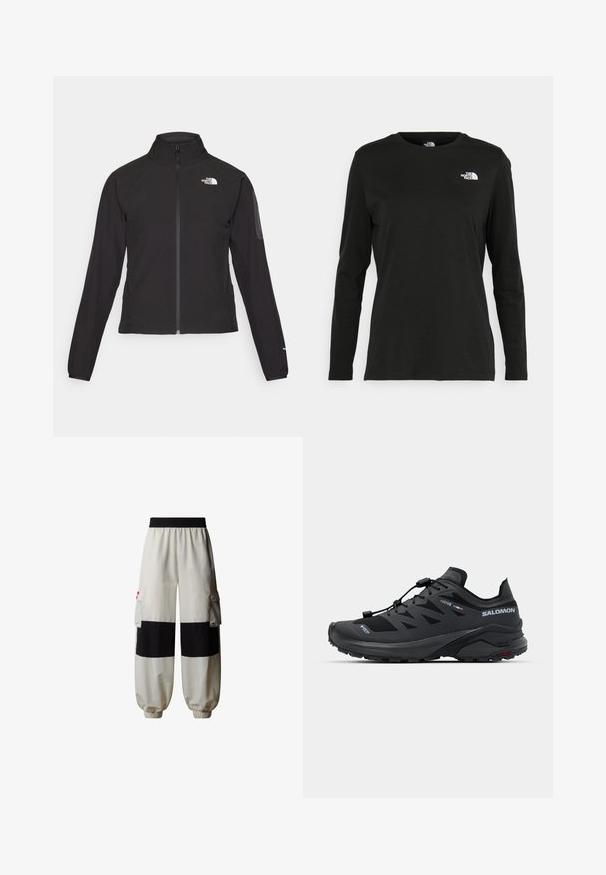 Mustmustabiga must jakk, millel on kõrge krae, tekstureeritud kangas ja logo vasakul rinnal. Omab pikki varrukaid ja sobivat disaini.; Must mustahiheline T-särk, millel on pikad varrukad, valmistatud puuvillast ja ümarast kaelusest. Vasakul rinnal on väike valge logo. Lihtne disain ja sobivus.; The North Face HIMALAYAN - Kargopüksid - white dune tnf black; Mustad must sportlik king, mis on valmistatud hingavast võrgust ja kummist. Omab elegantset disaini, kiiret sidumisse süsteemi ja tekstureeritud tallat, mis tagab haarde.