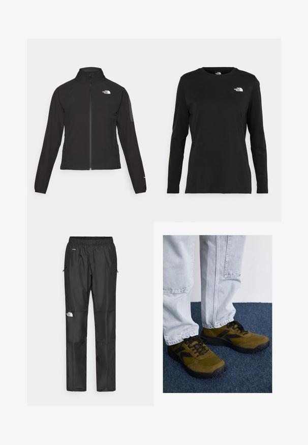 Černá zipová bunda s vysokým límcem, texturovaná tkanina a logo na levé hrudi. Má dlouhé rukávy a přiléhavý design.; Černé tričko s dlouhým rukávem vyrobené z bavlny s kulatým výstřihem. Na levé části hrudi se nachází malé bílé logo. Jednoduchý design a střih.; Černé voděodolné kalhoty vyrobené z lehkého materiálu, mají elastický pas, boční kapsy a logo na levé noze.; Olivově zelené tenisky s černými akcenty, z materiálů semiš a síťovina, kulatá špička a texturované podrážky. Spárováno se světle šedými džínovými kalhotami.