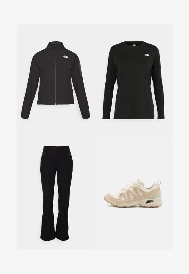 Svart zip-up jacka med hög krage, texturerat tyg och logotyp på vänster bröst. Har långa ärmar och en figursydd design.; Svart långärmad t-shirt i bomull med rund hals. Har en liten vit logotyp på vänster bröstområde. Enkelt design och passform.; Svarta byxor med en figurnära midja, två fickor framtill med dragkedja och utsvängda benslut. Slät, stretchig tyg med subtila sömnadsdetaljer.; Beige och krämfärgad atletisk sko med texturerad meshovandel, stöttande överdrag och gummisulor med ett mönster för grepp.