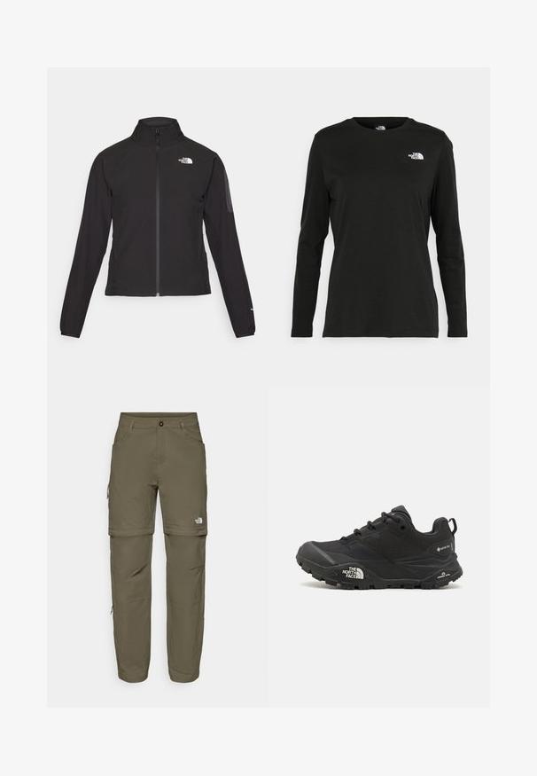 Črna zip-up jakna z visokim ovratnikom, teksturirano blago in logotipom na levem prsnem delu. Ima dolge rokave in prilega se.; Črna majica z dolgimi rokavi iz bombaža z okroglo izrezom. Ima majhen bel logotip na levem prsnem delu. Enostaven dizajn in prileganje.; Olivno zeleni cargo hlače z možnostjo zip-off, izdelane iz lahkega materiala; vsebujejo dva sprednja žepa, logotip na levi nogi ter zadrge na kolenih.; Črne pohodne čevlje z teksturirano zgornjim delom, vezalnim zapiranjem in masivnim gumijastim podplatom, ki ima opazen logotip na strani in vzorce profila.