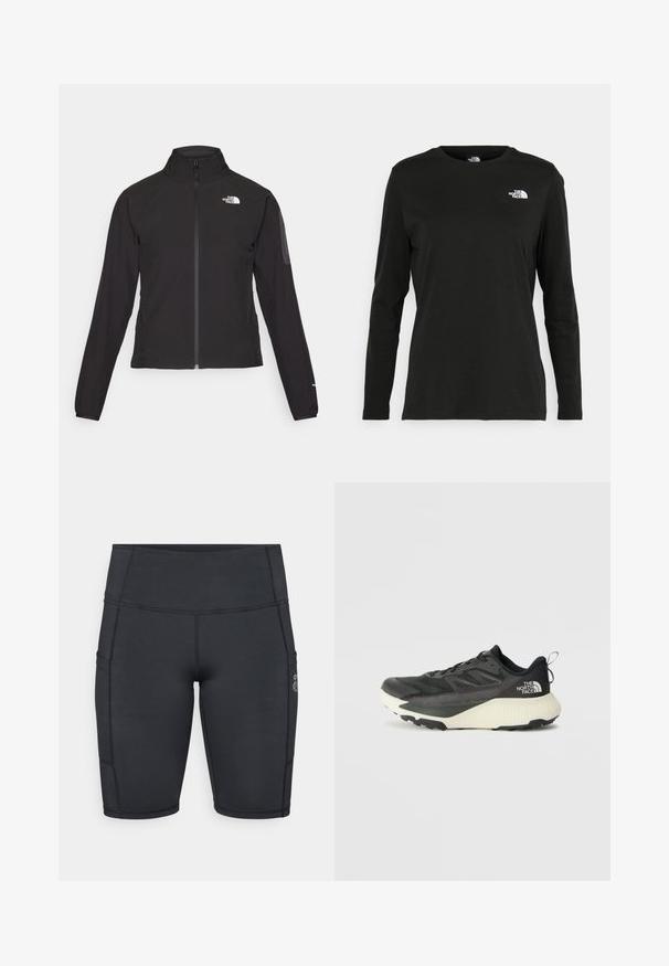 Czarna kurtka zapinana na zamek z wysokim kołnierzem, teksturowana tkanina i logo na lewej piersi. Posiada długie rękawy i dopasowany krój.; Czarna koszulka z długim rękawem z bawełny z okrągłym dekoltem. Posiada niewielkie białe logo po lewej stronie na piersi. Prosty design i fason.; Czarne spodenki rowerowe wykonane z elastycznej tkaniny; posiadają kieszenie boczne, wysoki pas oraz płaskie szwy dla komfortu i trwałości.; Czarne sportowe buty z teksturowaną cholewką, z szarymi akcentami i białą podeszwą środkową. Zawierają pętelkę do zakładania oraz wyraźne logo marki na pięcie.