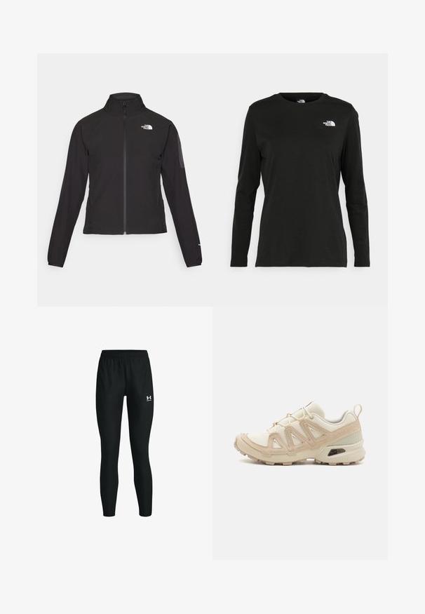 Juodas zip-up švarkas su aukšta apykakle, tekstūruotu audiniu ir logotipu kairėje krūtinės pusėje. Pasižymi ilgu rankovėmis ir prigludusia forma.; Juodas ilgomis rankovėmis medvilninis marškinėliai su apvali apykakle. Savybė - mažas baltas logotipas kairėje krūtinės pusėje. Paprastas dizainas ir pritaikymas.; Juodos sportinės legging'os su elastinga juosta, išskirtinės figūros, su mažuoju baltu logotipu kairėje blauzdoje. Lygus paviršius.; Bežinės ir kreminės spalvos sportinės bateliai su tekstūruoto tinklelio viršutine dalimi, palaikančiomis detalėmis ir guminiais padais, turinčiais raštą, užtikrinantį sukibimą.