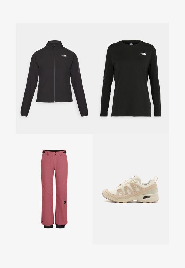 Schwarze Zip-Jacke mit hohem Kragen, strukturiertem Stoff und Logo auf der linken Brust. Verfügt über lange Ärmel und eine taillierte Passform.; Schwarzes Langarm-T-Shirt aus Baumwolle mit Rundhalsausschnitt. Verfügt über ein kleines weißes Logo auf der linken Brustseite. Einfaches Design und Passform.; Rote Schneehosen mit strukturierter Oberfläche, schwarzen elastischen Bündchen an den Knöcheln, frontalen Taschen und einem Markenschild am unteren linken Bein.; Beige und cremefarbenen Sportschuh mit strukturiertem Mesh-Obermaterial, unterstützenden Überzügen und Gummisohle mit einem Profilmuster für Bodenhaftung.