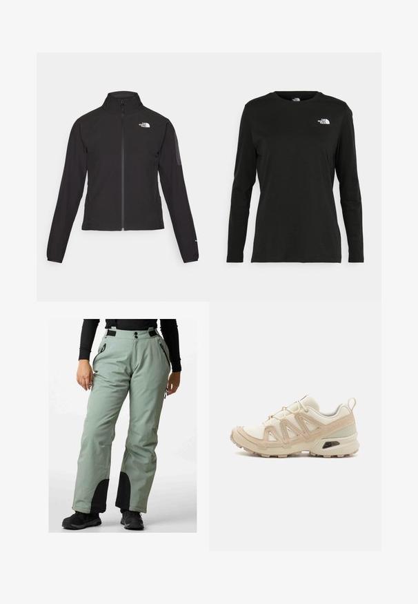 Mustat vetoketjullinen takki, jossa on korkea kaulus, teksturoitu kangas ja logo vasemmassa rinnassa. Ominaisuuksiin kuuluvat pitkät hihat ja slim fit -muotoilu.; Musta pitkähihaisen t-paita, joka on valmistettu puuvillasta ja jossa on pyöreä kaula-aukko. Vasemmassa rinnassa on pieni valkoinen logo. Yksinkertainen muotoilu ja istuvuus.; Vaaleanvihreät lumihousut, joissa on vedenpitävä kangas, kaksi sivupainiketta, vyötärön nappikiinnitys ja mustat alaosat.; Beige ja kreemi värvi sportlikud jalanõud, millel on tekstiilne mesh ülemine osa, toetavad ülekatted ja kummist tald, millel on mustripattern haardeks.