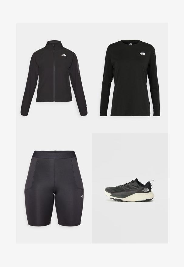 Giacca nera con zip e colletto alto, tessuto testurizzato e logo sul lato sinistro del petto. Presenta maniche lunghe e un design aderente.; T-shirt nera a maniche lunghe in cotone con colletto rotondo. Presenta un piccolo logo bianco sul lato sinistro del petto. Design semplice e vestibilità comoda.; Pantaloni sportivi neri realizzati in tessuto liscio e elasticizzato. Presentano una vita alta e tasche laterali. Dettagli del logo sul lato inferiore sinistro.; Scarpa da ginnastica nera con tomaia testurizzata, con accenti grigi e un sottopiede bianco. Include una linguetta sul retro e un logo del marchio ben visibile sul tallone.
