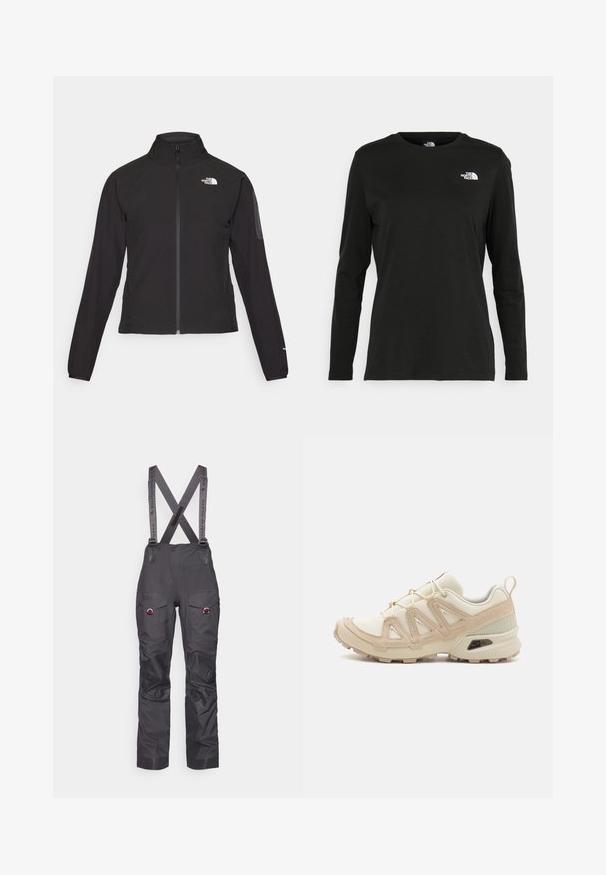 Juodas zip-up švarkas su aukšta apykakle, tekstūruotu audiniu ir logotipu kairėje krūtinės pusėje. Pasižymi ilgu rankovėmis ir prigludusia forma.; Juodas ilgomis rankovėmis medvilninis marškinėliai su apvali apykakle. Savybė - mažas baltas logotipas kairėje krūtinės pusėje. Paprastas dizainas ir pritaikymas.; Juodos vandeniui atsparios slidinėjimo kelnės su reguliuojamomis petnešomis, sustiprintais keliais, keliais kišenėmis ir kontrastingais pilkais diržais. Patvari medžiagos tekstūra.; Bežinės ir kreminės spalvos sportinės bateliai su tekstūruoto tinklelio viršutine dalimi, palaikančiomis detalėmis ir guminiais padais, turinčiais raštą, užtikrinantį sukibimą.