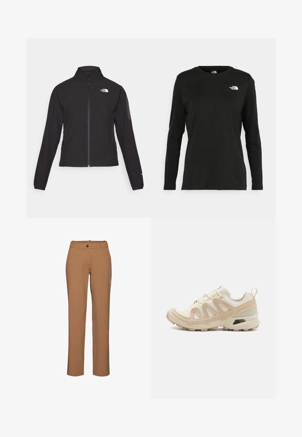 Černá zipová bunda s vysokým límcem, texturovaná tkanina a logo na levé hrudi. Má dlouhé rukávy a přiléhavý design.; Černé tričko s dlouhým rukávem vyrobené z bavlny s kulatým výstřihem. Na levé části hrudi se nachází malé bílé logo. Jednoduchý design a střih.; Mammut Outdoorové kalhoty - claystone; Béžová a krémová sportovní obuv s texturovaným síťovaným svrškem, podpůrnými překryvy a gumovou podrážkou s dezénem pro lepší přilnavost.