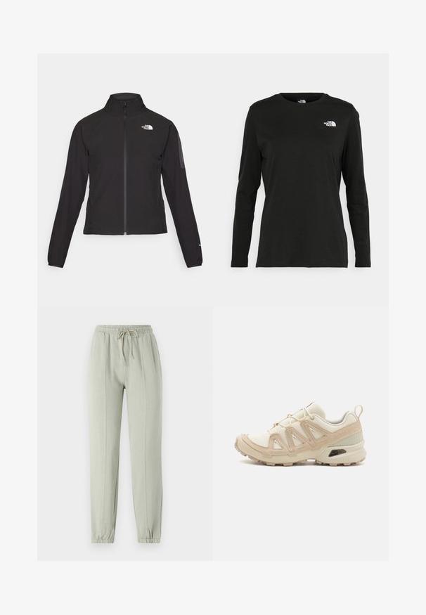 Schwarze Zip-Jacke mit hohem Kragen, strukturiertem Stoff und Logo auf der linken Brust. Verfügt über lange Ärmel und eine taillierte Passform.; Schwarzes Langarm-T-Shirt aus Baumwolle mit Rundhalsausschnitt. Verfügt über ein kleines weißes Logo auf der linken Brustseite. Einfaches Design und Passform.; Hellgrüne Sweatpants mit elastischem Bund, verstellbarem Kordelzug und schmal zulaufenden Bündchen. Mit vertikalen Nahtdetails vorne.; Beige und cremefarbenen Sportschuh mit strukturiertem Mesh-Obermaterial, unterstützenden Überzügen und Gummisohle mit einem Profilmuster für Bodenhaftung.