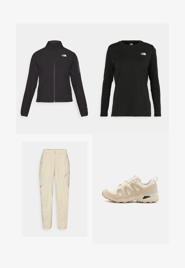 Mustmustabiga must jakk, millel on kõrge krae, tekstureeritud kangas ja logo vasakul rinnal. Omab pikki varrukaid ja sobivat disaini.; Must mustahiheline T-särk, millel on pikad varrukad, valmistatud puuvillast ja ümarast kaelusest. Vasakul rinnal on väike valge logo. Lihtne disain ja sobivus.; Kerge beežid cargo-püksid elastse vöökohtaga, lukuga taskud ja paneelidega detailid. Valmistatud sujuvast, kergest kangast.; Beež ja koobalti spordijalats tekstureeritud võrkkattega, toetavad ülemised kihid ja kummist tallaga, millel on mustriga joonistus haardeks.