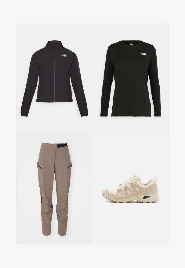 Crna jakna na zip s visokim ovratnikom, teksturirana tkanina i logotip na lijevoj strani prsiju. Ima duge rukave i uski kroj.; Crni dugih rukava majica od pamuka s okruglim izrezom. Ima mali bijeli logo na lijevoj strani prsnog područja. Jednostavan dizajn i kroj.; Bež hlače za vanjsku upotrebu s crnim detaljima, izrađene od lagane tkanine. Imaju podesivi pojas, elastične manžetne i bočne džepove na zip.; Bež i kremasti sportski tenisice s teksturiranim mrežastim gornjim dijelom, potpornih preklopa i gumeni potplat s uzorcima za prianjanje.