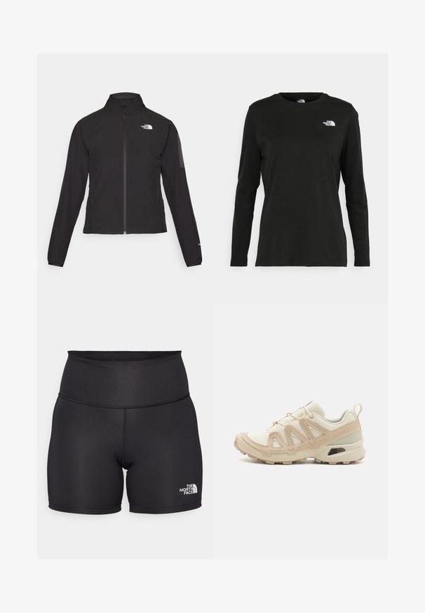 Black zip-up jacket with a high collar, textured fabric, and logo on the left chest. Features long sleeves and a fitted design.; Black long-sleeve t-shirt made of cotton with a round neck. Features a small white logo on the left chest area. Simple design and fit.; Black athletic shorts made from stretch fabric, featuring a high waistband and The North Face logo in white on the lower right side.; Beige and cream athletic shoe with textured mesh upper, supportive overlays, and rubber outsole featuring a tread pattern for traction.