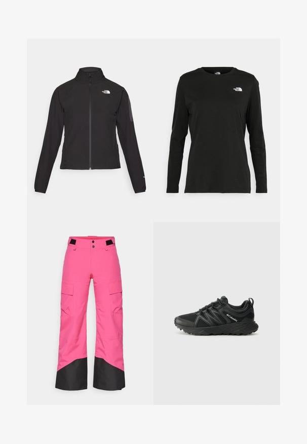 Czarna kurtka zapinana na zamek z wysokim kołnierzem, teksturowana tkanina i logo na lewej piersi. Posiada długie rękawy i dopasowany krój.; Czarna koszulka z długim rękawem z bawełny z okrągłym dekoltem. Posiada niewielkie białe logo po lewej stronie na piersi. Prosty design i fason.; Różowe spodnie narciarskie z czarną dolną częścią, wykonane z wytrzymałego materiału. Posiadają kieszenie cargo oraz szeroką nogawkę dla wygody i swobody ruchów.; Columbia PEAKFREAK czarny