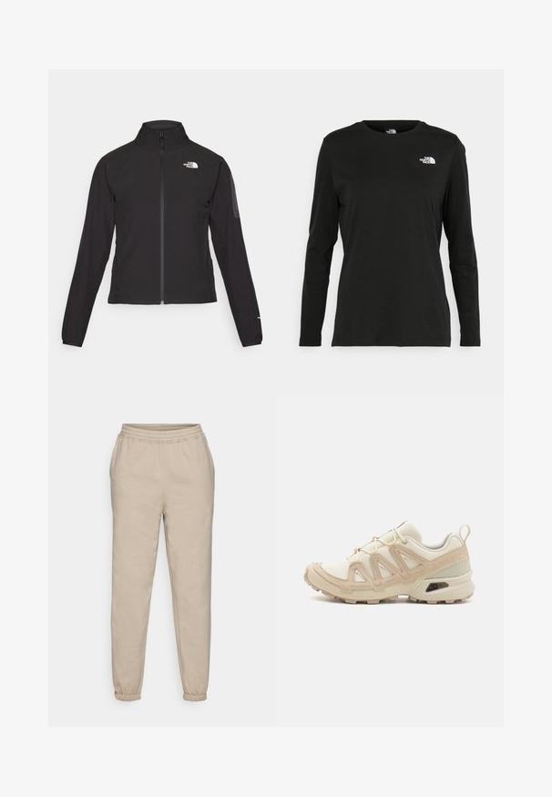 Crna jakna na zip s visokim ovratnikom, teksturirana tkanina i logotip na lijevoj strani prsiju. Ima duge rukave i uski kroj.; Crni dugih rukava majica od pamuka s okruglim izrezom. Ima mali bijeli logo na lijevoj strani prsnog područja. Jednostavan dizajn i kroj.; Bež trenirke napravljene od mekanog pamučnog materijala. Imaju elastičan pojas i sužene manžete za opušteni kroj.; Bež i kremasti sportski tenisice s teksturiranim mrežastim gornjim dijelom, potpornih preklopa i gumeni potplat s uzorcima za prianjanje.