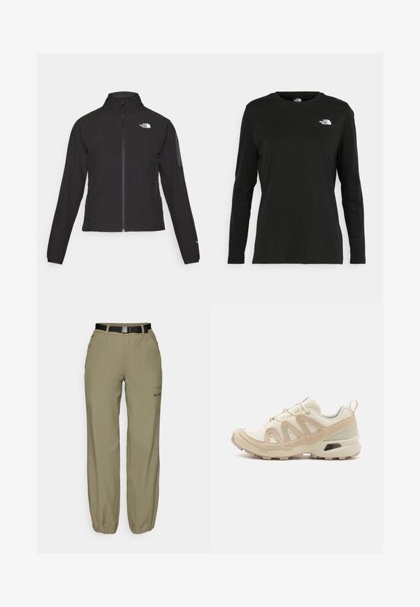 Crna jakna na zip s visokim ovratnikom, teksturirana tkanina i logotip na lijevoj strani prsiju. Ima duge rukave i uski kroj.; Crni dugih rukava majica od pamuka s okruglim izrezom. Ima mali bijeli logo na lijevoj strani prsnog područja. Jednostavan dizajn i kroj.; Bež hlače za vanjsko nošenje s elastičnim manžetama, prednjim džepovima i crnim pojasom. Imaju suptilan logo blizu donjeg džepa.; Bež i kremasti sportski tenisice s teksturiranim mrežastim gornjim dijelom, potpornih preklopa i gumeni potplat s uzorcima za prianjanje.