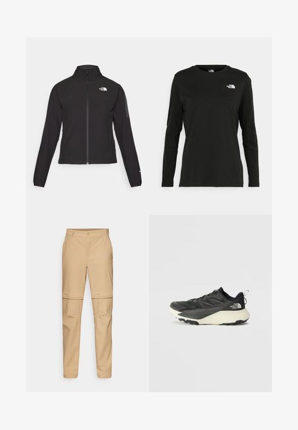 Melna ar rāvējslēdzēju aizdara jaka ar augstu apkakli, teksturētu audumu un logotipu kreisajā krūtī. Satur garas piedurknes un pieguļošu dizainu.; Melnas garām piedurknēm T-krekls, izgatavots no kokvilnas ar apaļu kaklu. Tam ir mazs balts logo kreisajā krūtīs. Vienkāršs dizains un piegulums.; Beige krāsas noņemamie lauku bikses ar taisnu priekšpusi, pogu aizdari un sašaurinātām kājām. Izgatavotas no viegla auduma ar gludu tekstūru.; Melna sporta kurpe ar teksturētu augšdaļu, kurai ir pelēki akcenti un balts vidusdaļa. Ietver vilkšanas cilpu un izteiktu zīmola logo uz papēža.