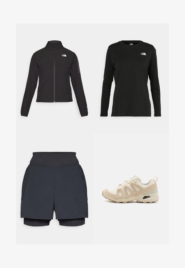 Μαύρο σακάκι με φερμουάρ και ψηλό γιακά, υφασμάτινη επιφάνεια και λογότυπο στο αριστερό στήθος. Διαθέτει μακριά μανίκια και εφαρμοστή σχεδίαση.; Μαύρο μακρυμάνικο μπλουζάκι από βαμβάκι με στρογγυλή λαιμόκοψη. Διαθέτει ένα μικρό λευκό λογότυπο στην αριστερή πλευρά του στήθους. Απλός σχεδιασμός και εφαρμογή.; Μαύρο αθλητικό σορτς με φαρδύ λάστιχο στη μέση, διαθέτει στιβαρή σχεδίαση και εσωτερικά σορτς. Λείο υλικό και ελαφρύ ύφασμα.; Μπεζ και κρεμ αθλητικό παπούτσι με υφασμάτινη άνω επιφάνεια με υφή, υποστηρικτικά overlay και καουτσούκ σόλα με σχέδιο πέλματος για πρόσφυση.