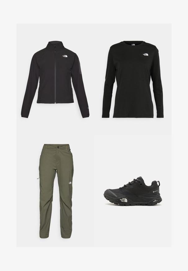 Casaco preto com fecho zip e gola alta, em tecido texturizado, com logo no lado esquerdo do peito. Apresenta mangas longas e um design ajustado.; T-shirt preto de mangas longas, feito de algodão, com decote redondo. Apresenta um pequeno logótipo branco na área esquerda do peito. Design simples e ajuste confortável.; The North Face EXPLORATION PANTS - Calças para exterior - new taupe green; Shoe de caminhada preto com um upper texturizado, fecho de atacador e uma sola de borracha robusta com um logótipo proeminente na lateral e padrões de piso.