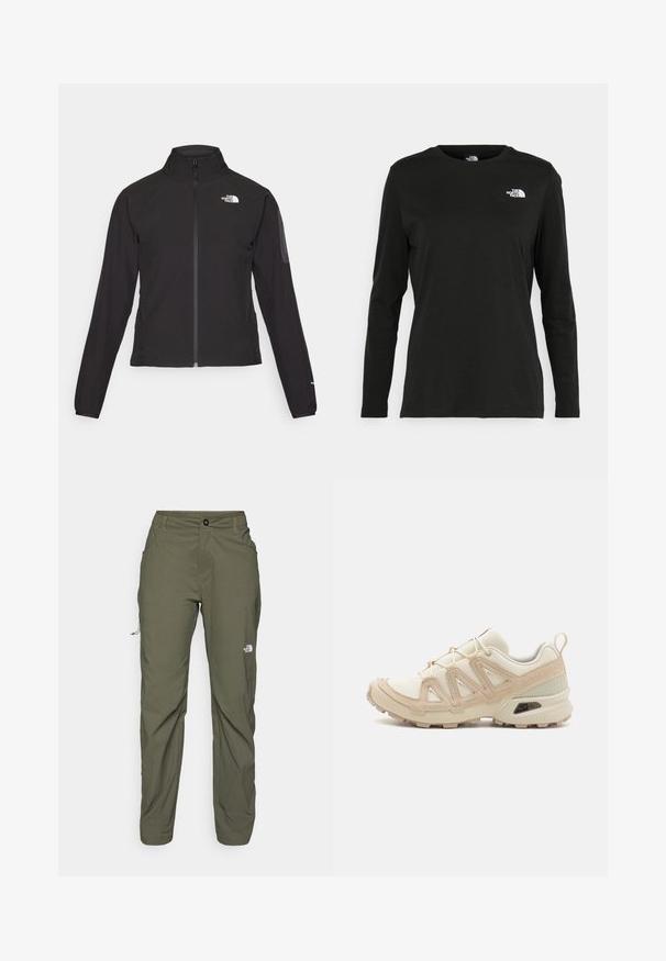 Juodas zip-up švarkas su aukšta apykakle, tekstūruotu audiniu ir logotipu kairėje krūtinės pusėje. Pasižymi ilgu rankovėmis ir prigludusia forma.; Juodas ilgomis rankovėmis medvilninis marškinėliai su apvali apykakle. Savybė - mažas baltas logotipas kairėje krūtinės pusėje. Paprastas dizainas ir pritaikymas.; The North Face EXPLORATION PANTS - Lauko kelnės - new taupe green; Bežinės ir kreminės spalvos sportinės bateliai su tekstūruoto tinklelio viršutine dalimi, palaikančiomis detalėmis ir guminiais padais, turinčiais raštą, užtikrinantį sukibimą.