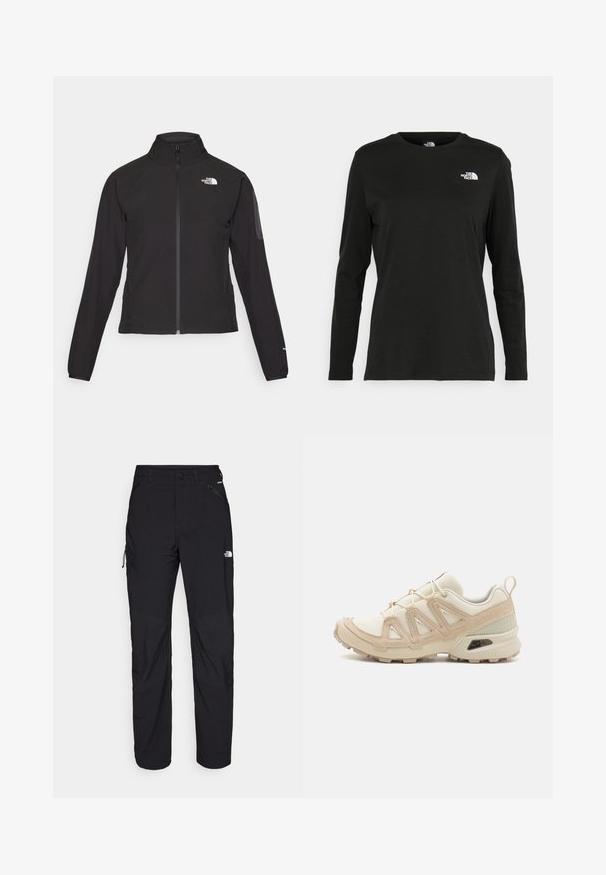 Mustat vetoketjullinen takki, jossa on korkea kaulus, teksturoitu kangas ja logo vasemmassa rinnassa. Ominaisuuksiin kuuluvat pitkät hihat ja slim fit -muotoilu.; Musta pitkähihaisen t-paita, joka on valmistettu puuvillasta ja jossa on pyöreä kaula-aukko. Vasemmassa rinnassa on pieni valkoinen logo. Yksinkertainen muotoilu ja istuvuus.; Mustat ulkoiluhousut, joissa on normaali istuvuus, valmistettu kevyestä materiaalista. Ominaisuuksiin kuuluvat vetoketjut, taskut ja vahvistetut polvet kestävyysnäkökulmasta.; Beige ja kreemi värvi sportlikud jalanõud, millel on tekstiilne mesh ülemine osa, toetavad ülekatted ja kummist tald, millel on mustripattern haardeks.