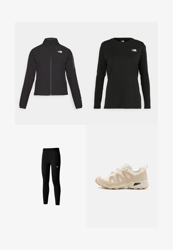 Giacca nera con zip e colletto alto, tessuto testurizzato e logo sul lato sinistro del petto. Presenta maniche lunghe e un design aderente.; T-shirt nera a maniche lunghe in cotone con colletto rotondo. Presenta un piccolo logo bianco sul lato sinistro del petto. Design semplice e vestibilità comoda.; Leggings sportivi neri realizzati in tessuto elastico, dotati di una vita alta e tasche laterali. Design semplice, senza patterns né decorazioni.; Scarpa atletica beige e crema con tomaia in mesh testurizzato, sovrapposizioni supportive e suola in gomma con un motivo a tasselli per la trazione.