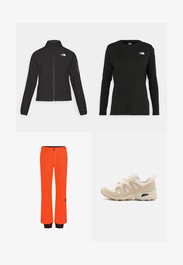 Črna zip-up jakna z visokim ovratnikom, teksturirano blago in logotipom na levem prsnem delu. Ima dolge rokave in prilega se.; Črna majica z dolgimi rokavi iz bombaža z okroglo izrezom. Ima majhen bel logotip na levem prsnem delu. Enostaven dizajn in prileganje.; Oranžne vodoodporne hlače sproščenega kroja, z črnim pasom, sponko in rjavimi detajli na robu, zasnovane za zunanje aktivnosti.; Bež in krem športni čevlji z teksturiranim mrežastim zgornjim delom, podpornimi prekrivali in gumijastim podplatom z vzorcem za oprijem.