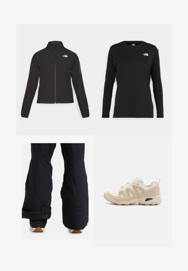 Black zip-up jacket with a high collar, textured fabric, and logo on the left chest. Features long sleeves and a fitted design.; Black long-sleeve t-shirt made of cotton with a round neck. Features a small white logo on the left chest area. Simple design and fit.; Black snow pants with a padded lower section, adjustable cuffs, and a sleek, matte finish; suitable for winter sports.; Beige and cream athletic shoe with textured mesh upper, supportive overlays, and rubber outsole featuring a tread pattern for traction.