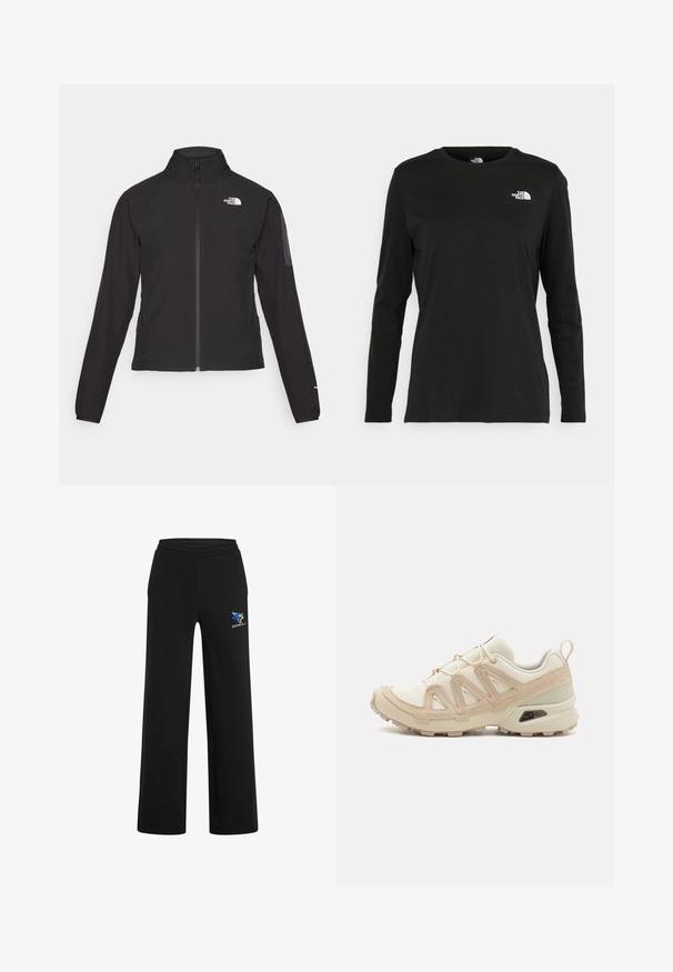 Zwarte zip-up jas met een hoge kraag, textuurstof en een logo op de linker borst. Beschikt over lange mouwen en een slim fit ontwerp.; Zwart langsluiting T-shirt van katoen met een ronde hals. Heeft een klein wit logo op de linkerkant van de borst. Eenvoudig ontwerp en pasvorm.; Zwarte trainingsbroek van zacht materiaal, met een elastische tailleband, recht model en een blauw-goud logo aan de linkerzijde.; Beige en crème sportschoen met een textuur-mesh bovenwerk, ondersteunende overlays en een rubberen zool met een profielpatroon voor grip.