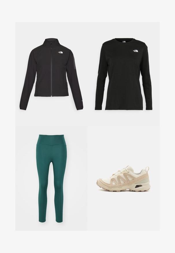 Mustmustabiga must jakk, millel on kõrge krae, tekstureeritud kangas ja logo vasakul rinnal. Omab pikki varrukaid ja sobivat disaini.; Must mustahiheline T-särk, millel on pikad varrukad, valmistatud puuvillast ja ümarast kaelusest. Vasakul rinnal on väike valge logo. Lihtne disain ja sobivus.; Kõrge vöökohaga legginsid tumedas sinakashalli värvitoonis, mis on valmistatud siledast ja venivast kangast. Omab kitsa lõikega disaini, kus ei ole nähtavaid õmblusi ega mustreid.; Beež ja koobalti spordijalats tekstureeritud võrkkattega, toetavad ülemised kihid ja kummist tallaga, millel on mustriga joonistus haardeks.