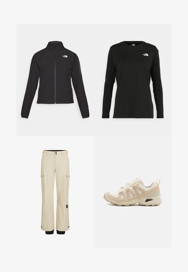 Black zip-up jacket with a high collar, textured fabric, and logo on the left chest. Features long sleeves and a fitted design.; Black long-sleeve t-shirt made of cotton with a round neck. Features a small white logo on the left chest area. Simple design and fit.; Beige cargo pants featuring a straight cut, two side pockets, and a black accent at the cuff. Made from lightweight fabric with a smooth texture.; Beige and cream athletic shoe with textured mesh upper, supportive overlays, and rubber outsole featuring a tread pattern for traction.