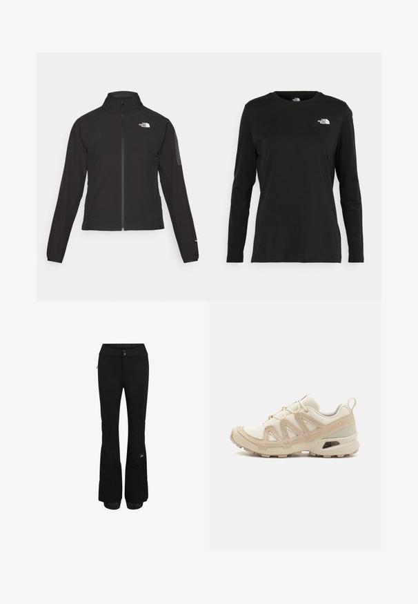 Black zip-up jacket with a high collar, textured fabric, and logo on the left chest. Features long sleeves and a fitted design.; Black long-sleeve t-shirt made of cotton with a round neck. Features a small white logo on the left chest area. Simple design and fit.; Black snowpants with a sleek design, made from durable fabric. Features zip pockets and elastic cuffs at the legs with brand logo detail.; Beige and cream athletic shoe with textured mesh upper, supportive overlays, and rubber outsole featuring a tread pattern for traction.