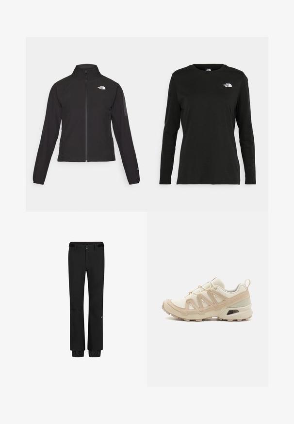 Jachetă neagră cu fermoar și guler înalt, din material texturat, cu logo pe partea stângă a pieptului. Prezintă mâneci lungi și un design ajustat.; Iarna neagră cu mânecă lungă, din bumbac, cu guler rotund. Prezintă un mic logo alb în zona pieptului stâng. Design simplu și croi lejer.; Pantaloni negri de exterior cu talie standard, curea, închidere cu presiune, mansete elastice și un logo pe picior. Material ușor și durabil.; Pantofii sport bej și crem au un superior din plasă texturată, suprapuneri de susținere și o talpă din cauciuc cu un model de profil pentru aderență.