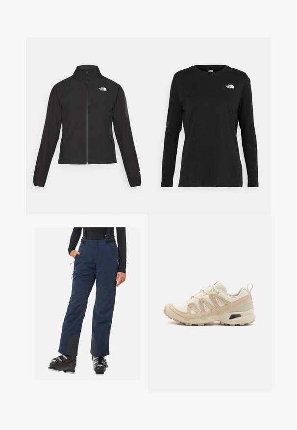 Schwarze Zip-Jacke mit hohem Kragen, strukturiertem Stoff und Logo auf der linken Brust. Verfügt über lange Ärmel und eine taillierte Passform.; Schwarzes Langarm-T-Shirt aus Baumwolle mit Rundhalsausschnitt. Verfügt über ein kleines weißes Logo auf der linken Brustseite. Einfaches Design und Passform.; Person in einer dunkelblauen Skihose mit Trägern, schwarzen Skischuhen und einem schwarzen Langarmoberteil, steht mit einer Hand in der Tasche.; Beige und cremefarbenen Sportschuh mit strukturiertem Mesh-Obermaterial, unterstützenden Überzügen und Gummisohle mit einem Profilmuster für Bodenhaftung.