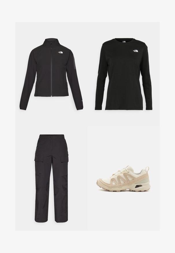 Black zip-up jacket with a high collar, textured fabric, and logo on the left chest. Features long sleeves and a fitted design.; Black long-sleeve t-shirt made of cotton with a round neck. Features a small white logo on the left chest area. Simple design and fit.; Black cargo pants made of durable fabric, featuring multiple side pockets, a button closure, and a loose fit with straight legs.; Beige and cream athletic shoe with textured mesh upper, supportive overlays, and rubber outsole featuring a tread pattern for traction.