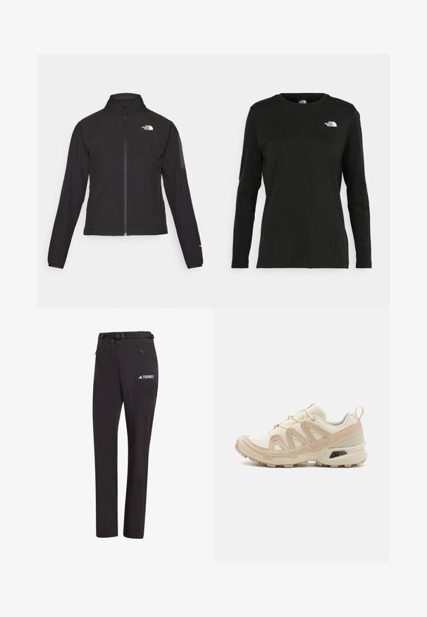 Casaco preto com fecho zip e gola alta, em tecido texturizado, com logo no lado esquerdo do peito. Apresenta mangas longas e um design ajustado.; T-shirt preto de mangas longas, feito de algodão, com decote redondo. Apresenta um pequeno logótipo branco na área esquerda do peito. Design simples e ajuste confortável.; Calças de caminhada pretas com um cinto, bolsos com fecho e um logótipo. Feitas de um tecido leve e elástico para facilitar o movimento.; Sapatilha atlética beige e creme com parte superior em malha texturizada, sobreposições de suporte e sola de borracha com um padrão de cravo para tração.
