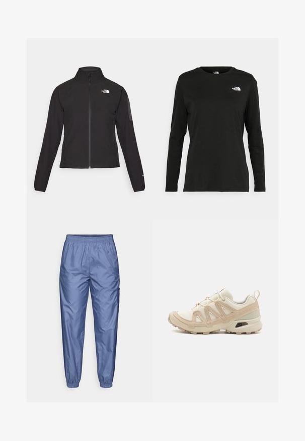 Juodas zip-up švarkas su aukšta apykakle, tekstūruotu audiniu ir logotipu kairėje krūtinės pusėje. Pasižymi ilgu rankovėmis ir prigludusia forma.; Juodas ilgomis rankovėmis medvilninis marškinėliai su apvali apykakle. Savybė - mažas baltas logotipas kairėje krūtinės pusėje. Paprastas dizainas ir pritaikymas.; Šviesiai mėlynos, blizgios sportinės kelnės su elastinga juosta, siaurėjančiomis kojomis ir šonine kišenė su „cargo“ stiliumi; pagamintos iš lygaus, lengvo audinio.; Bežinės ir kreminės spalvos sportinės bateliai su tekstūruoto tinklelio viršutine dalimi, palaikančiomis detalėmis ir guminiais padais, turinčiais raštą, užtikrinantį sukibimą.