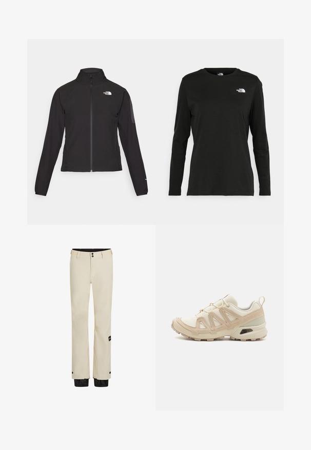 Svart zip-up jacka med hög krage, texturerat tyg och logotyp på vänster bröst. Har långa ärmar och en figursydd design.; Svart långärmad t-shirt i bomull med rund hals. Har en liten vit logotyp på vänster bröstområde. Enkelt design och passform.; Beige väderbeständiga byxor med två knappstängningar, dragkedja och svart justerbar nederkant. Har en logotagg på vänster ben.; Beige och krämfärgad atletisk sko med texturerad meshovandel, stöttande överdrag och gummisulor med ett mönster för grepp.