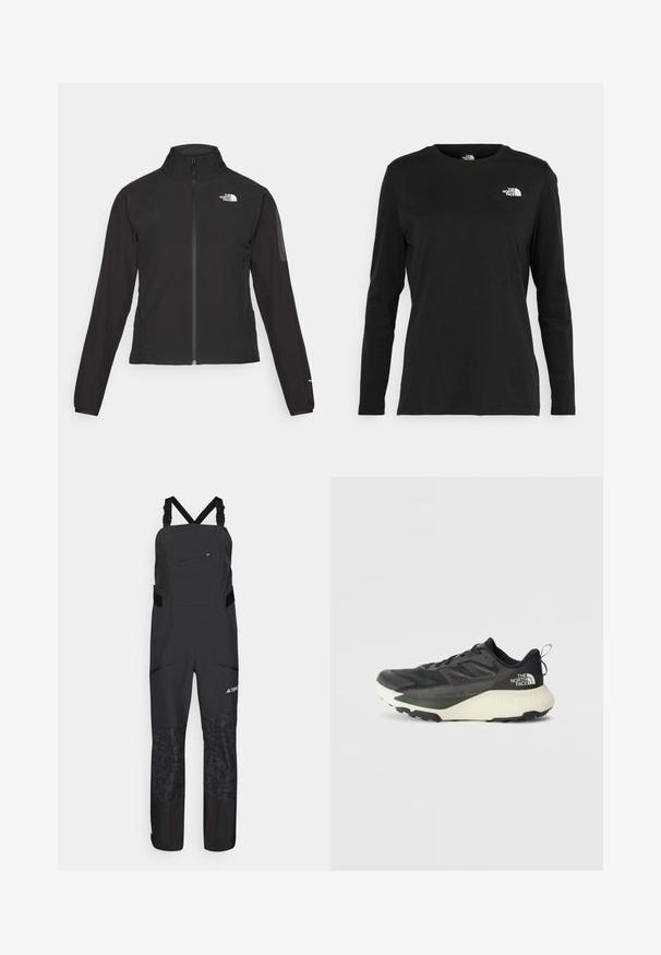 Zwarte zip-up jas met een hoge kraag, textuurstof en een logo op de linker borst. Beschikt over lange mouwen en een slim fit ontwerp.; Zwart langsluiting T-shirt van katoen met een ronde hals. Heeft een klein wit logo op de linkerkant van de borst. Eenvoudig ontwerp en pasvorm.; Zwarte outdoor bretels met verstelbare banden, ritszakken en gestructureerde onderste panelen. Gemaakt van duurzaam, weersbestendig materiaal.; Zwarte sportieve schoen met een gestructureerde bovenkant, voorzien van grijze accenten en een witte tussenzool. Inclusief een trekhaak en een opvallend merklogo op de hiel.