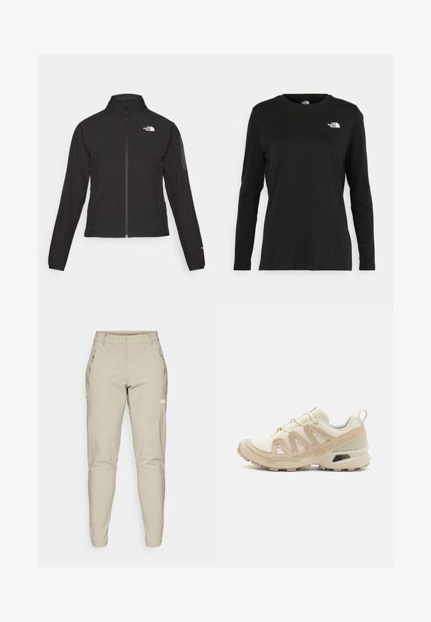 Casaco preto com fecho zip e gola alta, em tecido texturizado, com logo no lado esquerdo do peito. Apresenta mangas longas e um design ajustado.; T-shirt preto de mangas longas, feito de algodão, com decote redondo. Apresenta um pequeno logótipo branco na área esquerda do peito. Design simples e ajuste confortável.; Calças exteriores em bege, de corte slim, com uma textura suave, apresentando bolsos laterais com fecho de correr e um pequeno logótipo na coxa. Aberturas nos tornozelos ajustadas.; Sapatilha atlética beige e creme com parte superior em malha texturizada, sobreposições de suporte e sola de borracha com um padrão de cravo para tração.