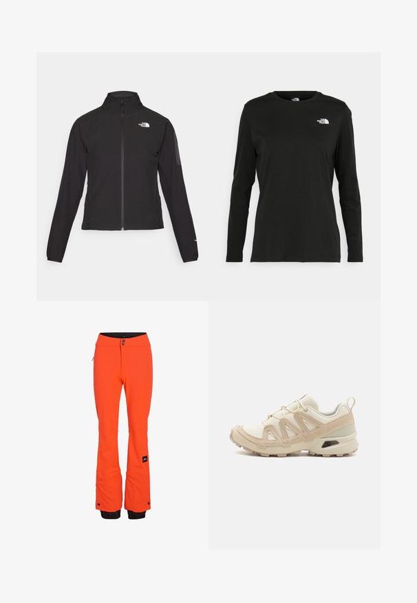 Sort zip-jacket med høj krave, struktureret stof og logo på venstre bryst. Har lange ærmer og en tætsiddende design.; Sort langærmet t-shirt lavet af bomuld med rund hals. Har et lille hvidt logo på venstre brystområde. Enkel design og pasform.; Lyse orange ski-bukser med slim fit, der har en lynlåslomme, forstærkede manchetter og justerbare talje-knapper. Sort indvendigt foer.; Beige og creme atletiksko med struktureret mesh-overdel, støttende overlays og gummiyderside med et mønster for trækkraft.