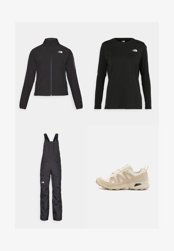 Melna ar rāvējslēdzēju aizdara jaka ar augstu apkakli, teksturētu audumu un logotipu kreisajā krūtī. Satur garas piedurknes un pieguļošu dizainu.; Melnas garām piedurknēm T-krekls, izgatavots no kokvilnas ar apaļu kaklu. Tam ir mazs balts logo kreisajā krūtīs. Vienkāršs dizains un piegulums.; Melni ūdensizturīgi bikses ar krūšdaļu, izgatavotas no izturīga auduma, ar regulējamām siksnām, ar rāvējslēdzēja kabatām un ar delikātu logotipu priekšpusē.; Beige un krēma sporta apavi ar strukturētu tīkla virsmu, atbalstošajiem slāņiem un gumijas zoli ar protektoru rakstu, kas nodrošina saķeri.