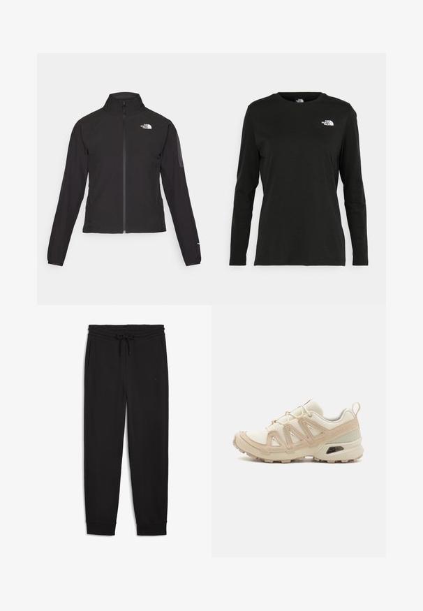 Black zip-up jacket with a high collar, textured fabric, and logo on the left chest. Features long sleeves and a fitted design.; Black long-sleeve t-shirt made of cotton with a round neck. Features a small white logo on the left chest area. Simple design and fit.; Black sweatpants made of soft fabric, featuring an elastic waistband with drawstring, side pockets, and ribbed cuffs at the ankles.; Beige and cream athletic shoe with textured mesh upper, supportive overlays, and rubber outsole featuring a tread pattern for traction.