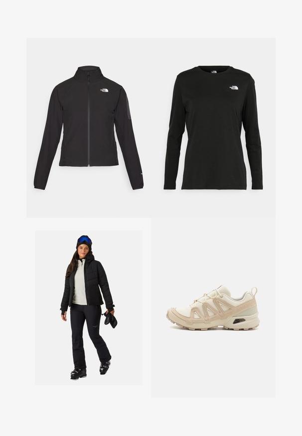 Black zip-up jacket with a high collar, textured fabric, and logo on the left chest. Features long sleeves and a fitted design.; Black long-sleeve t-shirt made of cotton with a round neck. Features a small white logo on the left chest area. Simple design and fit.; Black puffer jacket, light-colored zip-up top, black ski pants, black ski boots, carrying ski gloves, wearing a beanie and goggles.; Beige and cream athletic shoe with textured mesh upper, supportive overlays, and rubber outsole featuring a tread pattern for traction.