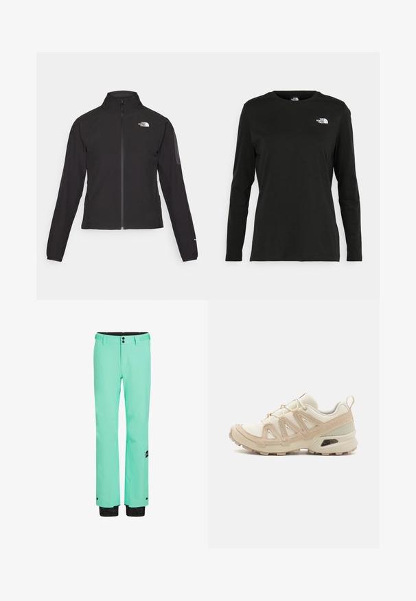 Čierna bunda na zips s vysokým golierom, textúrovanou tkaninou a logom na ľavej hrudi. Má dlhé rukávy a priliehavý strih.; Čierne tričko s dlhým rukávom vyrobené z bavlny s okrúhlym výstrihom. Obsahuje malé biele logo na ľavej strane hrudníka. Jednoduchý dizajn a strih.; Mätové lyžiarske nohavice s elegantným dizajnom, s čiernym pásom, dvoma gombíkmi a čiernym akcentom na manžetách pre nastaviteľnosť.; Beige a krémová športová obuv s textúrovaným sieťovým zvrškom, podporujúcimi prekrytiami a gumovou podrážkou s dezénom pre trakciu.